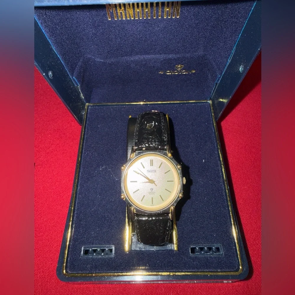 Manhattan Croton Gold Dial with Black Strap Watch and original case